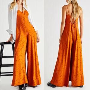 Free People Summer Jamboree Dark Orange Black Polka Dot Wide Leg  Jumpsuit